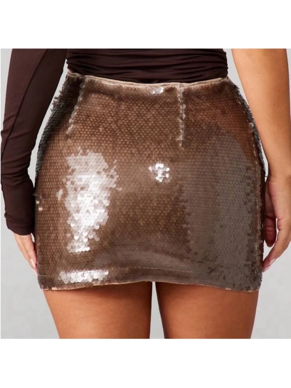 One-Shoulder Brown Sequin Mini Skirt